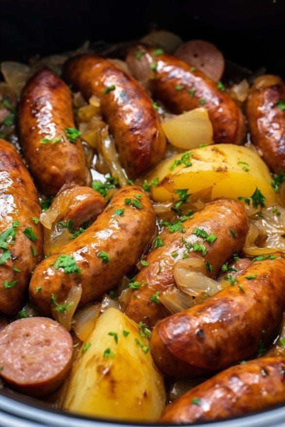 cooked sausages and potatoes in a crock pot with parsley on the side