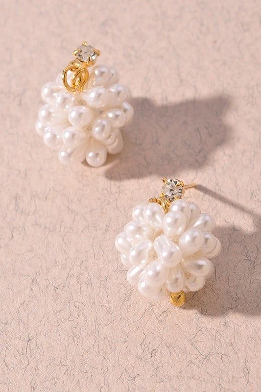 Pearl Bead Cluster Earrings - Blackbird Boutique Elegant Pearl Drop Cluster Earrings, Elegant Gold Beads Jewelry For Evening, Elegant Gold Beaded Jewelry For Evening, Elegant Beaded Drop Earrings With Pearl Charm, Gold Plated Earrings With Gold Beads As A Gift, Elegant Beaded Earrings With Pearl Charm For Gift, Pearl Drop Earrings With Gold Beads, Elegant Gold Beads Drop Earrings, Elegant Gold Beaded Drop Earrings