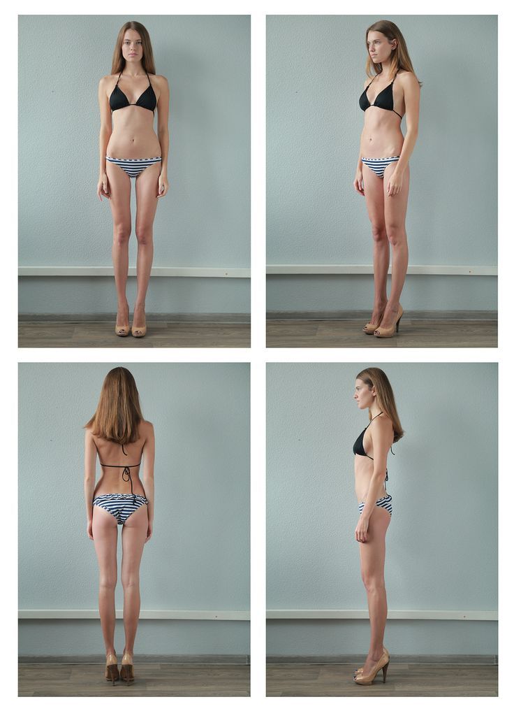 four photos of a woman in bikinis and high heeled sandals standing against a wall