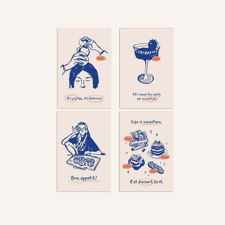 four cards with different illustrations on them in blue and white colors, each featuring an image of a woman sitting at a table