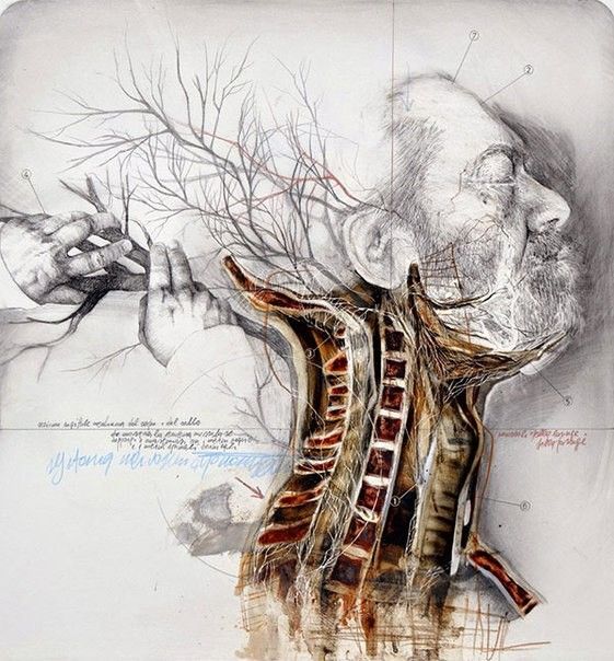 a drawing of a man's back with trees growing out of his neck and hands reaching for something