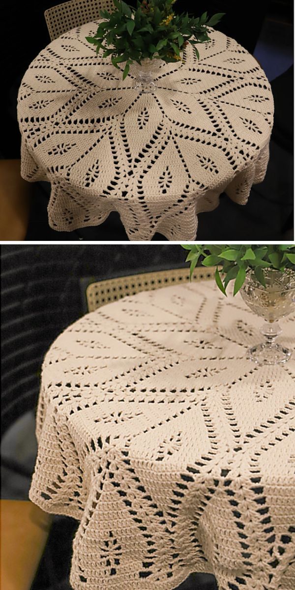 there is a crocheted table cloth on top of a chair with a plant in it