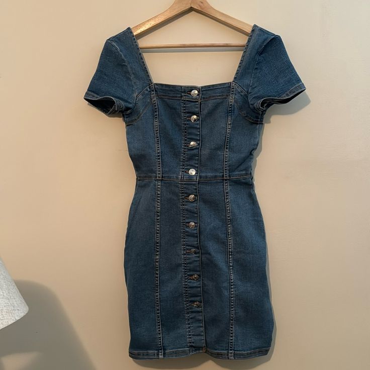 Size Small Super Cute Never Worn* Would Love It To Be In A Better Home! Spring Denim Dress By H&m, H&m Denim Dresses For Spring, Fitted Dark Wash Mini Dress With Short Sleeves, Dark Wash Fitted Mini Dress With Short Sleeves, H&m Spring Denim Dress, Casual Blue Mini Dress From H&m, Fitted H&m Dresses With Buttons, Casual Fitted Mini Dress By H&m, H M Dresses