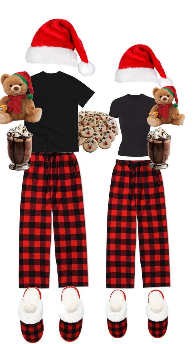 two pajamas and hat with teddy bears on them, one is black and the other is red