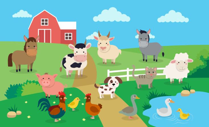 farm animals are standing in the grass near a pond with ducks, cows and chickens