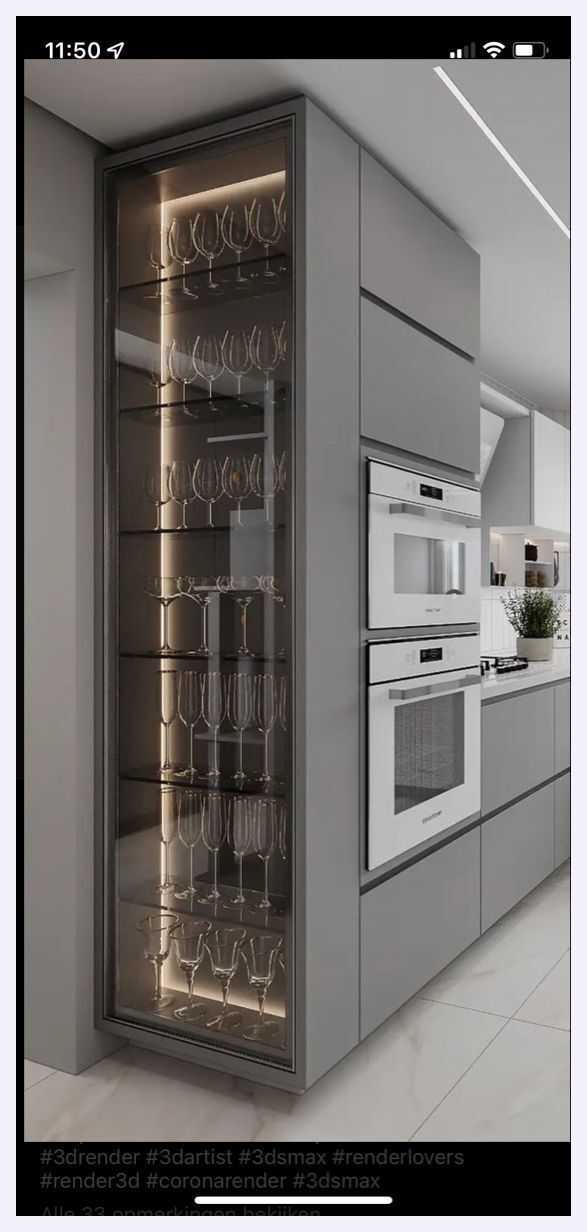 a kitchen with stainless steel cabinets and glass doors on the front, an oven in the back