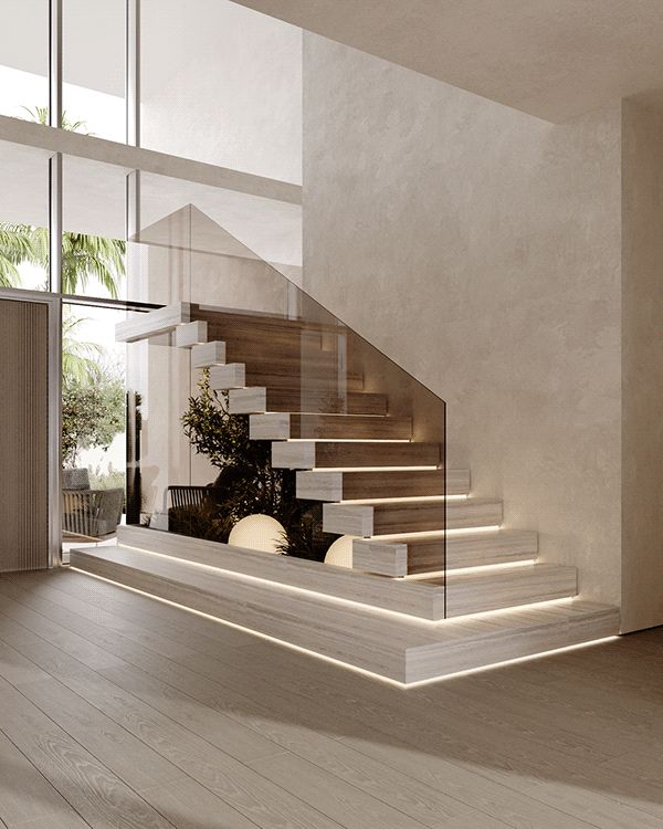 a modern staircase with glass railing and white walls