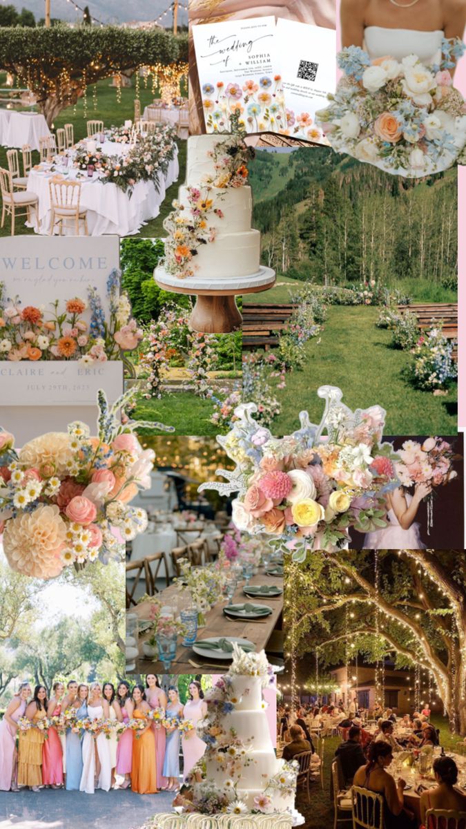 a collage of wedding photos with flowers and people in the background, including cake