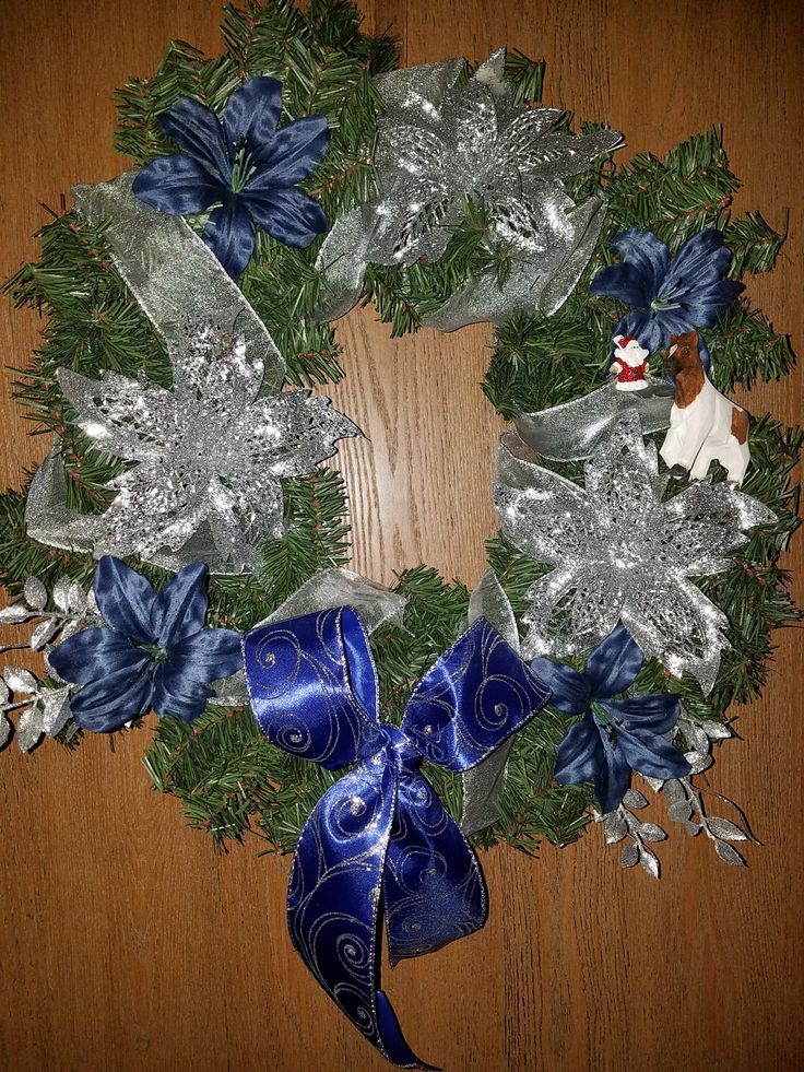 a christmas wreath with blue and silver decorations