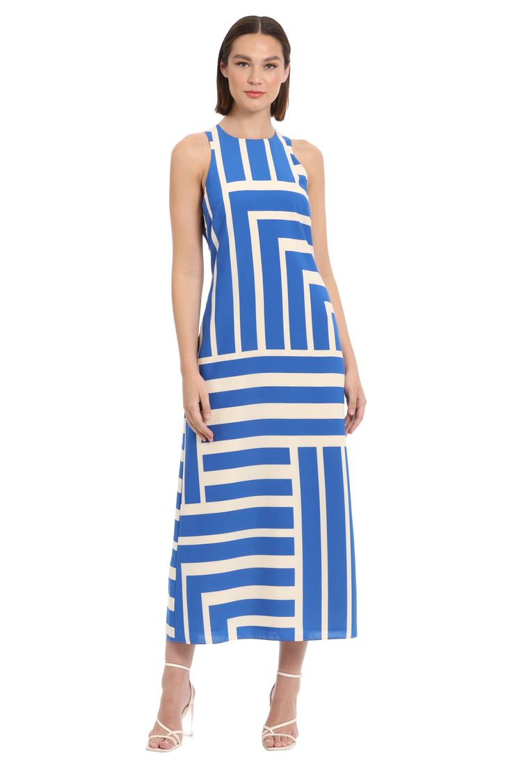 Channel breezy summer vibes in the Donna Morgan Quincy halter neckline maxi dress. Featuring alternating blue and white stripes, this dress is perfect for a day out or a night on the town., Blue, women's dress, Women, verishop, "Summer, summer dress, summer dresses, womens summer dresses", "workwear, work clothes, Career, office clothes, office wear", No Pockets, Lined, office clothes, office wear, work clothes, workwear, Career, Geometric, Stripe, Crew Neck, Jewel Neck, Sleeveless, "Midi, ... Missy Dresses, Illusion Dress, Maggy London, Striped Maxi Dresses, Curve Dresses, Jewel Neck, Blue Midi Dress, Cream Dress, Midi Dress Sleeveless