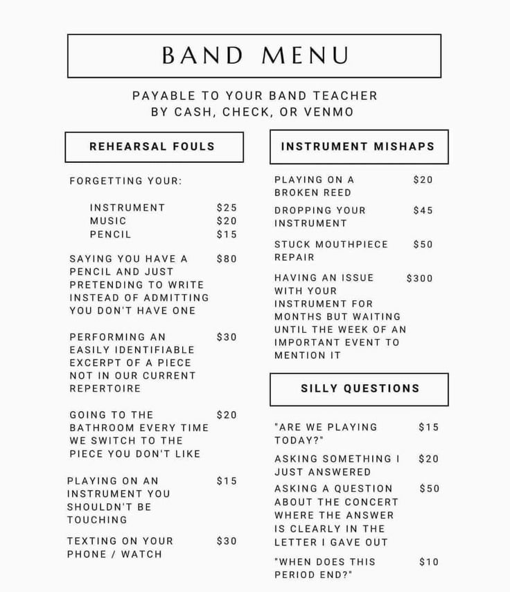 the band menu for an upcoming concert