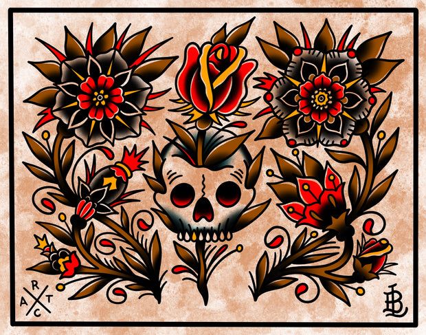 an old school tattoo design with flowers and skulls on it's sides, including roses