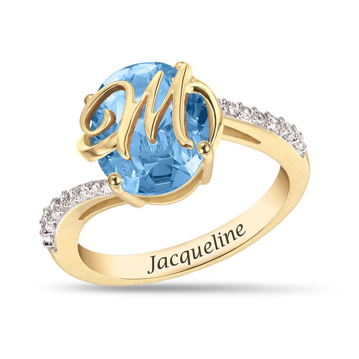 A dazzling ring made just for you! This sparkling 14kt gold-plated ring features an oval-shaped simulated birthstone centerstone with a cutout initial delicately hovering over it.  The band of this stunning ring features 16 Diamonisse simulated diamonds and the name of your choosing engraved on the inside.  A personal and meaningful treasure! Oval Initial Ring With Diamond Accents For Promise, Oval Name Jewelry For Anniversary, Oval Initial Ring With Diamond Accents For Anniversary, Anniversary Initial Ring With Diamond Accents, Oval Shape, Gold Rings With Accent Stones For Mother's Day, Anniversary Oval Jewelry With Name, Anniversary Oval Name Jewelry, Elegant Personalized Name Rings For Birthday, Oval Birthstone Ring With Diamond Accents For Gift