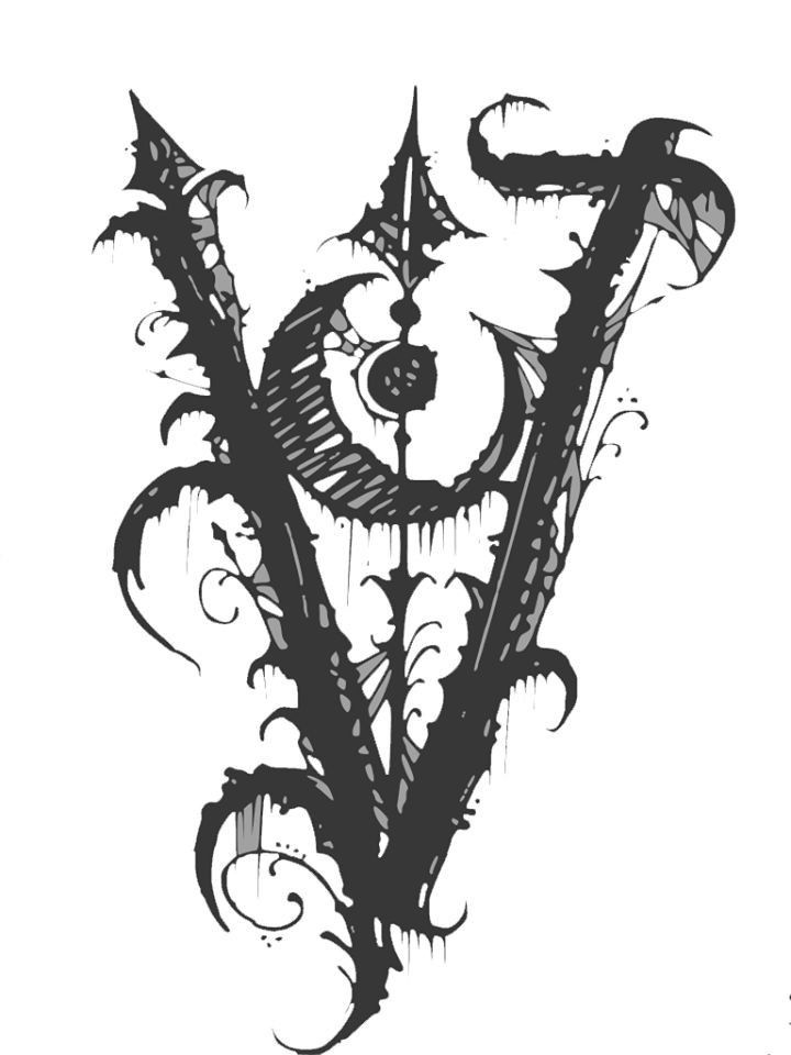 a black and white drawing of the letter v with swirly designs on it's sides