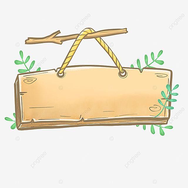 a wooden sign hanging on a rope with green leaves around it, hand drawn, cartoon png and psd