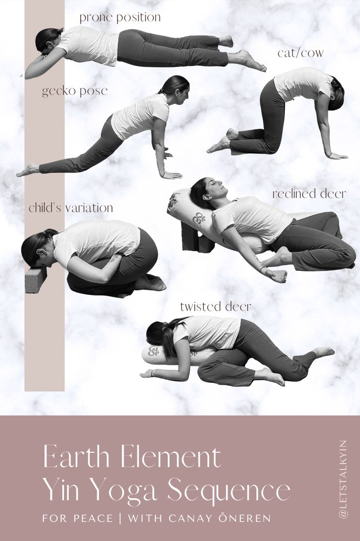 an image of people doing yoga poses in different positions, with the text earth element yin yoga sequence for peace with canaanen