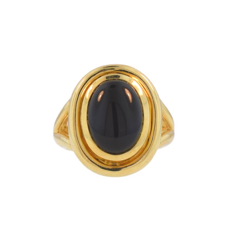 This bold, statement onyx ring is a timeless piece of jewelry. Crafted in 14K yellow gold, it features a polished oval cabochon stone that makes this piece stand out. Formal Black Cabochon Signet Ring, Black Cabochon Signet Ring For Formal Occasions, Classic Oval Cabochon Dome Ring With Polished Finish, Luxury Oval Onyx Signet Ring, Formal Black Oval Cabochon Signet Ring, Classic Black Oval Cabochon Ring, Timeless Oval Cabochon Rings With Polished Finish, Classic Onyx Oval Cabochon Jewelry, Classic Black Cabochon Rings