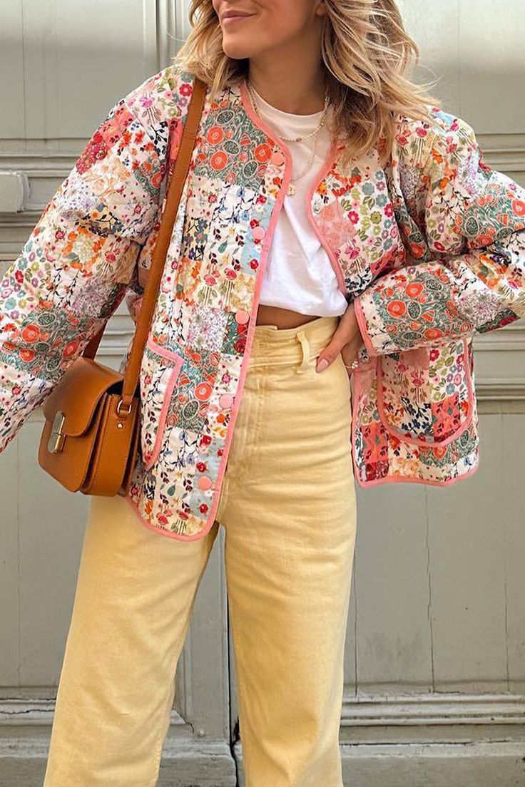 Sweet Print Floral Patchwork U Neck Outerwear Thrifted Outfit, Look Jean, Floral Patchwork, Outfits 2023, Modest Clothing, Window Shopping, Mode Inspo, Outfit Inspo Fall, U Neck