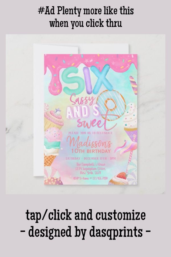 a birthday card with the text six and sweet on it, next to an image of cupcakes