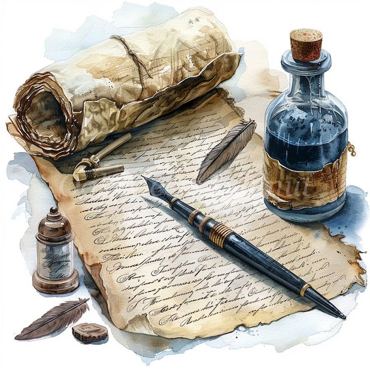 an ink pen, quill, and paper on top of a piece of parchment