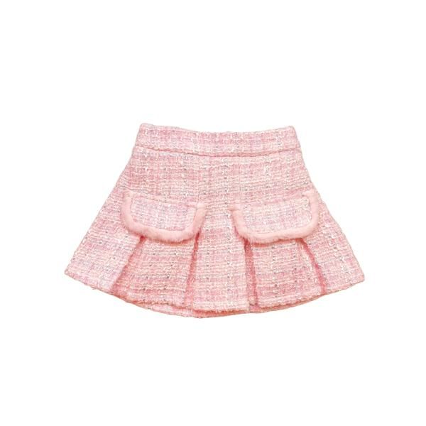 Pink Fur Trim Pleat Tweed Skirt - doe a dear Pink Mini Skirt With Pockets For Spring, Spring Pink Mini Skirt With Pockets, Trendy Pink Mini Skirt For Winter, Fitted Tweed Skirt With Pockets, Trendy Pink Skirt With Pockets, Pink Skirt For Fall, Tweed Mini Skirt With Pockets, Elegant Pink Mini Pleated Skirt, Spring Tweed Lined Skirt