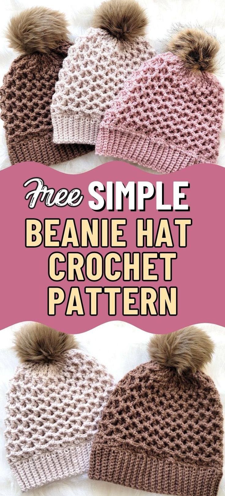 three simple beanie hat crochet pattern with pom - poms on top