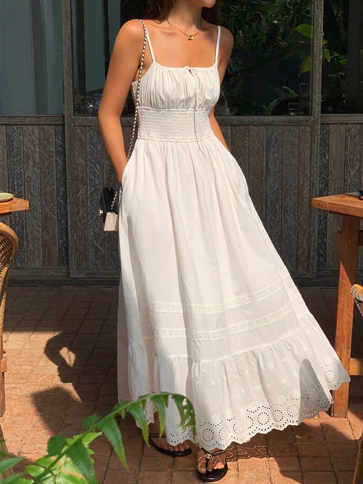 Embroidery Shift Shirred Long Dress White Long Maxi Dress, White Milkmaid Dress Long, Aesthetic Summer Dresses Long, Shirred Wedding Dress, White Cotton Sundress, Cute Dresses Long Casual, Long Cotton Dress Outfit, Cotton Core Aesthetic, White Linen Dresses For Women