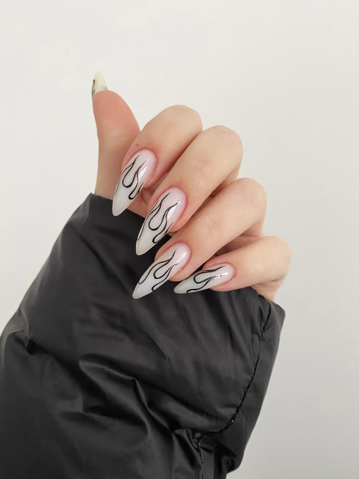 Flame Tip Nails Almond, Fire Nails Designs Almond, Almond Nails Designs Flame, Edgy Nails Almond Shape, Nails With Fire Flames, Almond Fire Nails, Flame Nails Acrylic Almond, Almond Nails With Flames, Simple Flame Nails