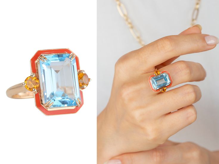 Art Deco Style 14K Gold Enameled Sky Topaz Citrine Ring Gold metal: 14k Yellow Gold Diamond Shape: Round Cut Main Stone: 5.68 Carats Side Stones: 0.87 Carats Total Carat Weight: 6.55 Carats Color: Sky Blue Clarity: Clean Comments: Art Deco Style Cut: Very Good Please feel free to contact me for any questions or details , gold upgrades, diamond upgrades etc' We are fully behind every diamond and piece of jewelry that we sell. It is vital for us that you are totally happy with your purchase. Confl Formal Enamel Ring With Gemstone, Luxury Enamel Gemstone Ring For Gift, Art Deco Enamel Ring As A Gift, Art Deco Enamel Ring As Gift, Gemstone Enamel Ring, Fine Jewelry Enamel Multi-stone Ring Gift, Enamel Multi-stone Rings As A Gift, Fine Jewelry Enamel Ring With Gemstone, Fine Jewelry Enamel Ring