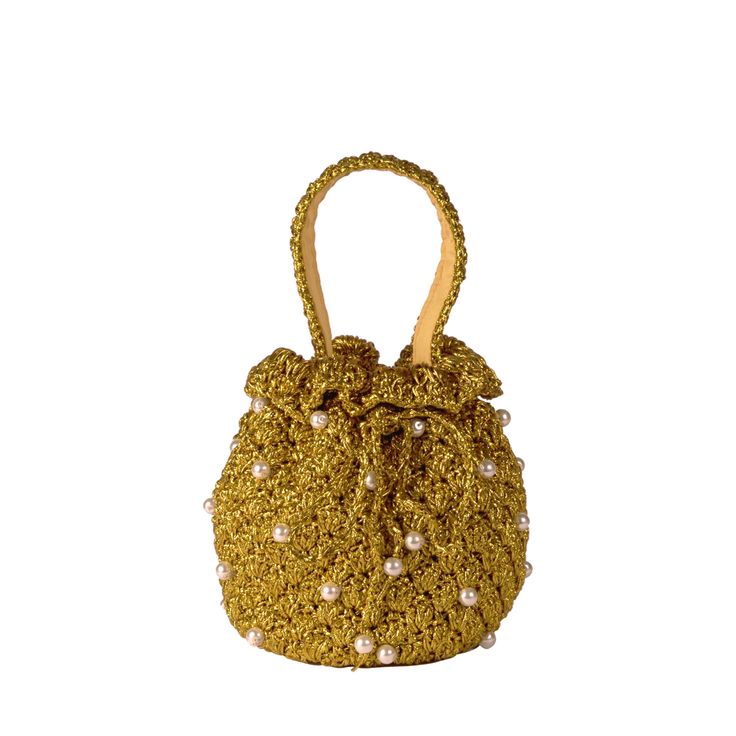 bucket pearls of gold suryo design Luxury Gold Woven Bag, Gold Woven Straw Bag For Evening, Gold Straw Bag For Party, Elegant Gold Woven Straw Bag, Luxury Gold Straw Bag For Summer, Luxury Gold Straw Bag, Bucket Bag With Pearl Handle, Handmade Gold Straw Bag, Chic Gold Straw Bag For Evening