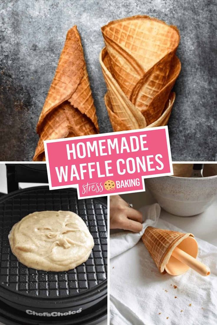 homemade waffle cones are cooling on the grill and being used to make ice cream