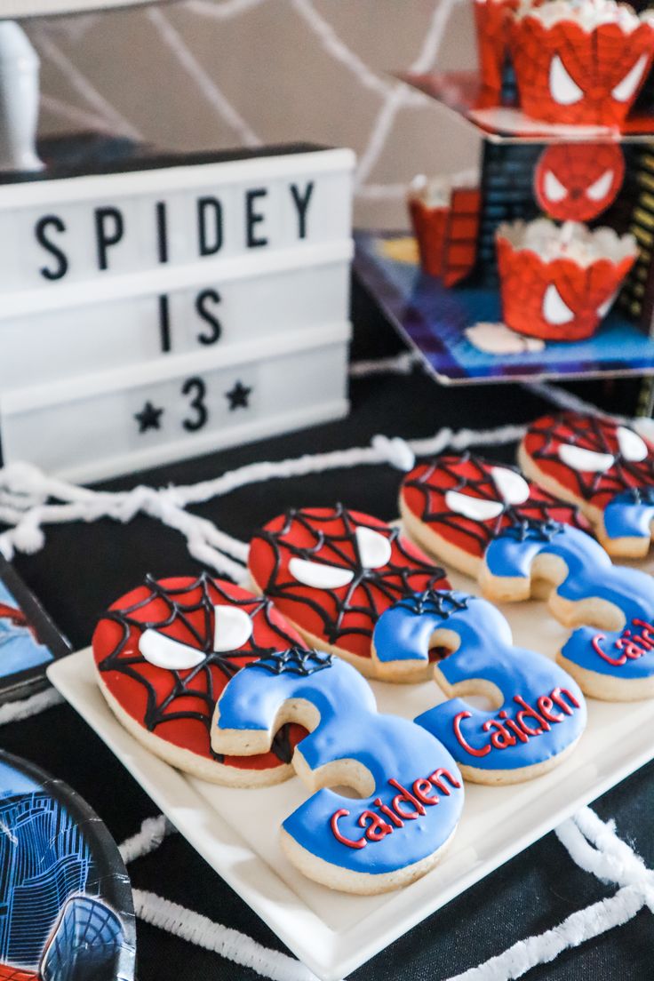 Spider man birthday party dessert cookies decor Spider Man 3rd Birthday Party Cake, Spider Man Themed Birthday Party Ideas, 1st Birthday Spiderman Theme, 2nd Spiderman Birthday, Modern Spider Man Birthday Party, Vintage Spiderman Birthday Party, Spider Man Birthday Theme Ideas, Marvel 2nd Birthday Party, Marvel Third Birthday Party