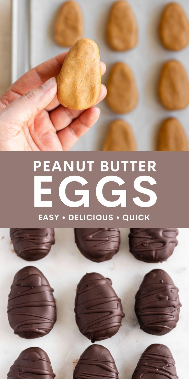 chocolate peanut butter eggs are being held up in front of an egg tray with other cookies