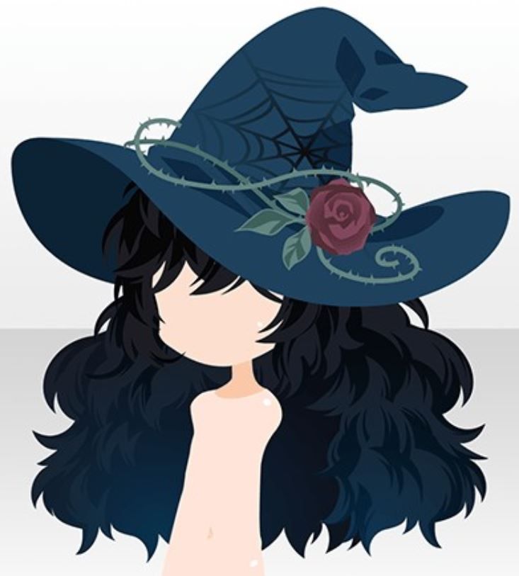 a woman with long black hair wearing a blue hat and flower on her head,