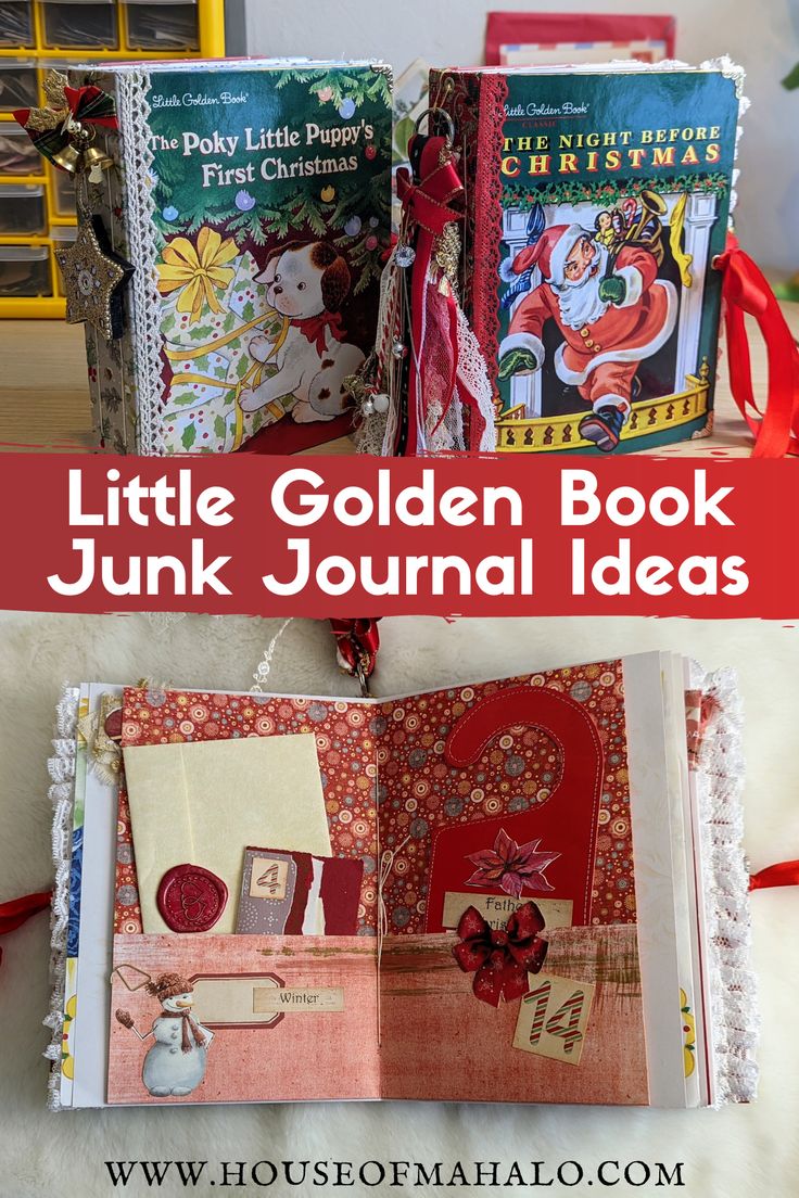 the little golden book junk journal has been made into a christmas card holder with ribbon