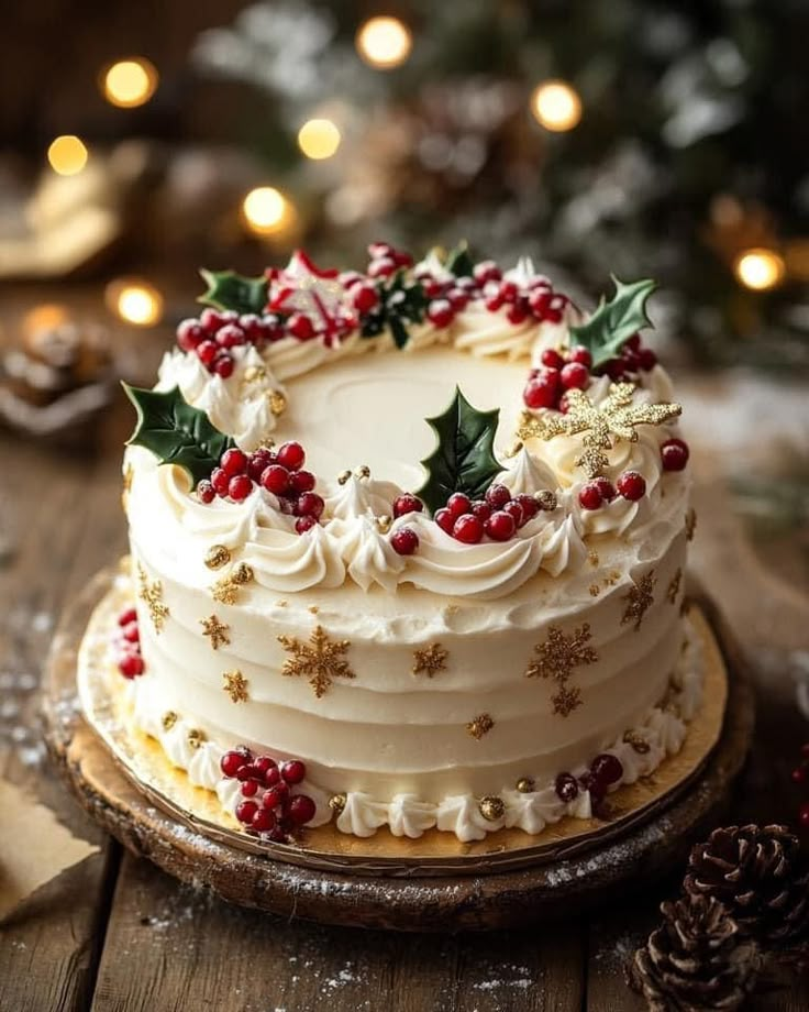 a christmas cake decorated with holly berries and mist on a wooden table next to a pine cone