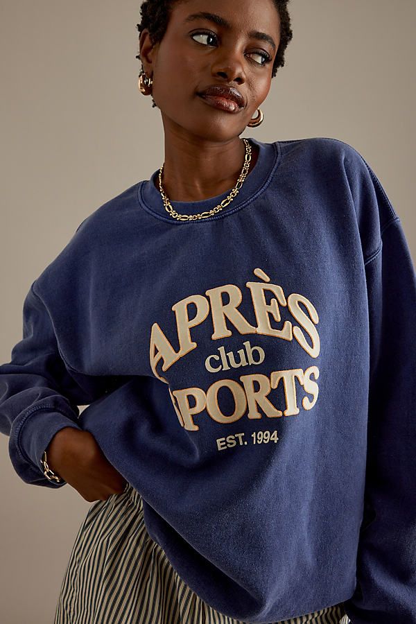 50% Cotton, 50% Polyester Pullover styling Machine wash Imported | Apres Sports Oversized Sweatshirt by Anthropologie in Blue, Women's Size: Small Chic Sweatshirt Outfit, Blue Sweatshirt Outfit, Collegiate Sweatshirt, Cool Sweatshirts, Photoshoot Moodboard, Trendy Sweatshirts, Luxury Embroidery, Kids Graphics, Sports Sweatshirt