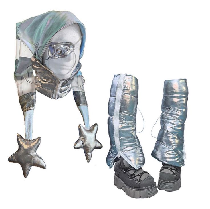 a pair of silver boots with stars attached to the soles, and an image of a woman's head