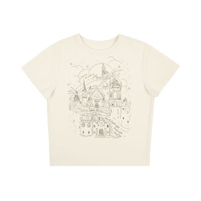 a white t - shirt with an image of a castle on it