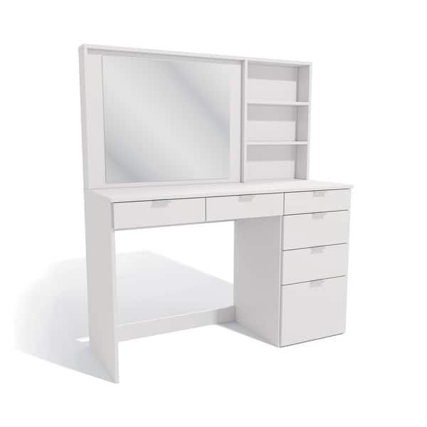 a white dressing table with drawers and a mirror on the top, against a white background