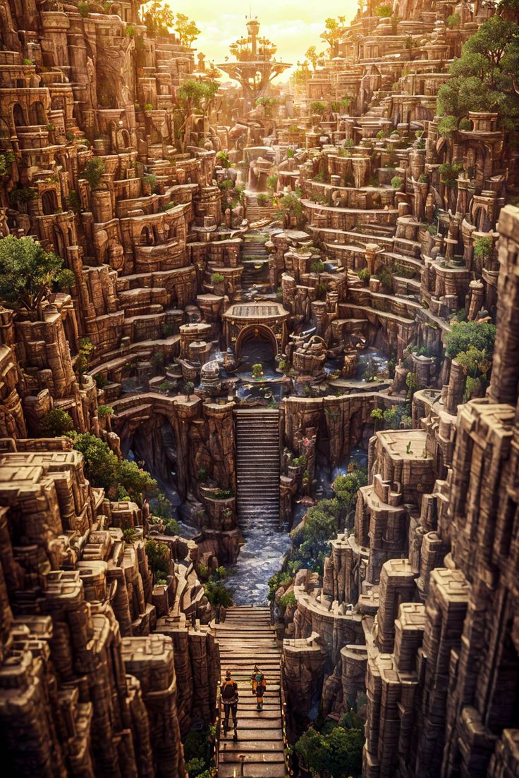 an artist's rendering of a futuristic city with stairs leading up to the top