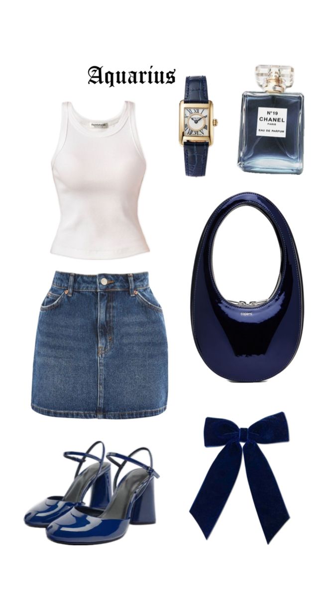 Aquarius Venus, navy blue outfit, daily outfit, denim skirt, navy blue, blue ribbon, Astrology, Venus sign, Venus sign inspired outfit, it girls Venus In Aquarius, Aquarius Style, Outfit Denim Skirt, Venus Sign, Navy Blue Outfit, Aesthetic Types, Outfit Denim, It Girls, Blue Outfit