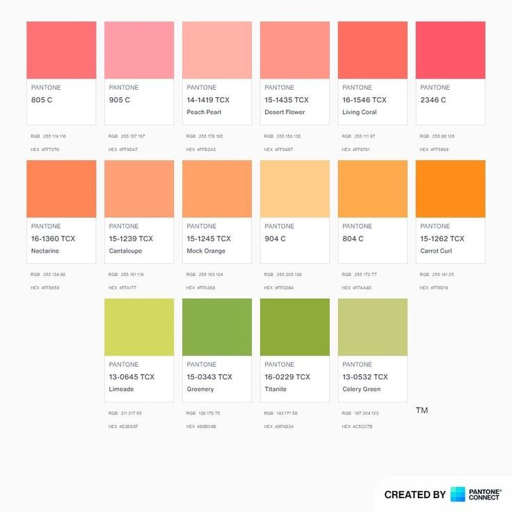 the color chart for different shades of orange, pink and green with text below it