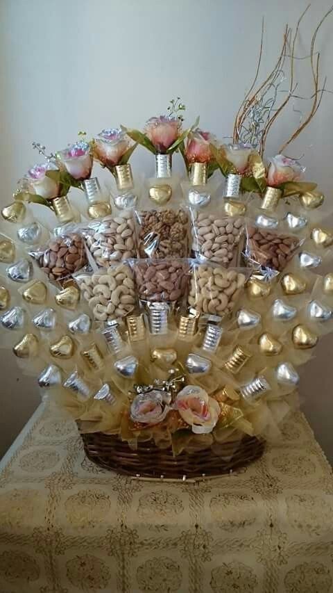 a basket filled with lots of candy and flowers