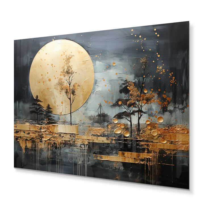 an abstract painting with gold and black trees in the foreground, against a dark background