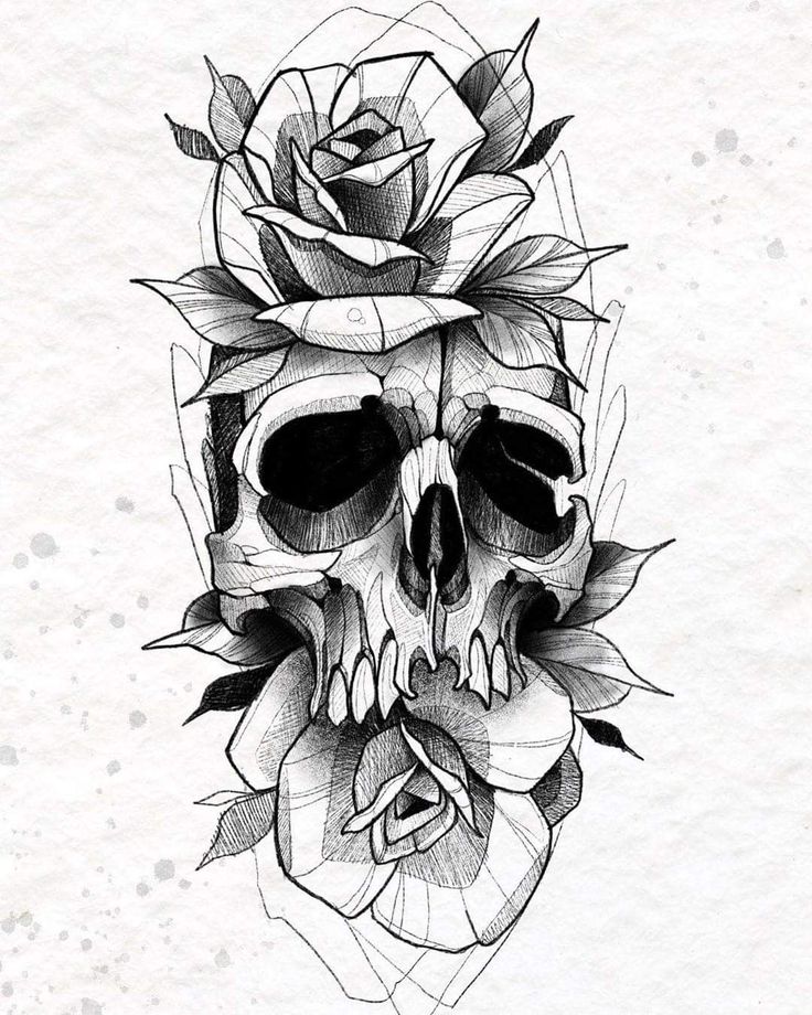 a black and white drawing of a skull with a rose on it's head