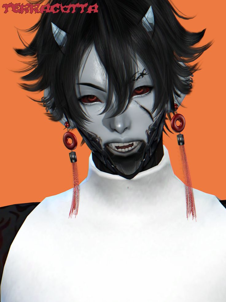 an anime character with horns and fangs on his head, wearing white shirt and red earrings