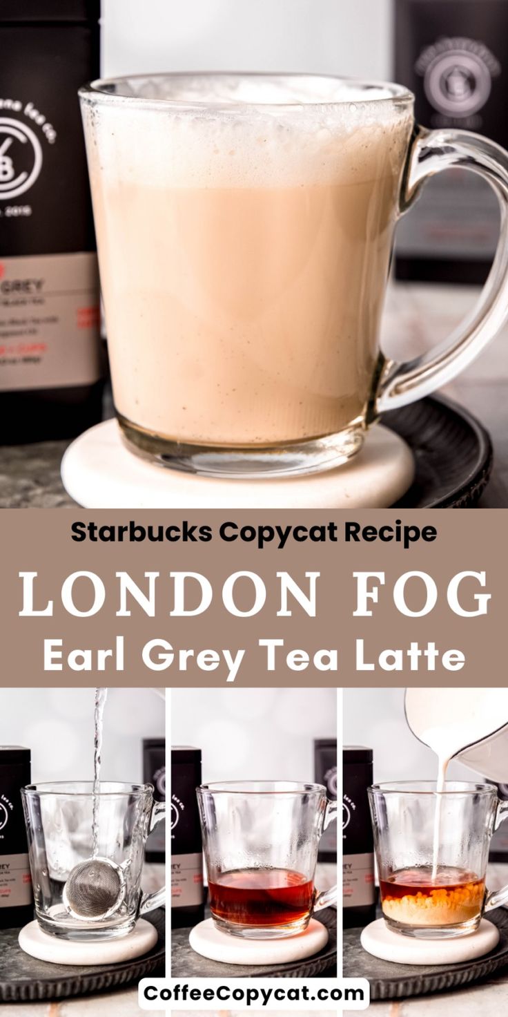 the london fog tea latte is being poured into two mugs and then served