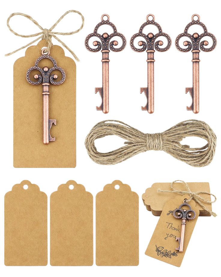 an assortment of antique keys and tags with twine on them, tied to brown paper