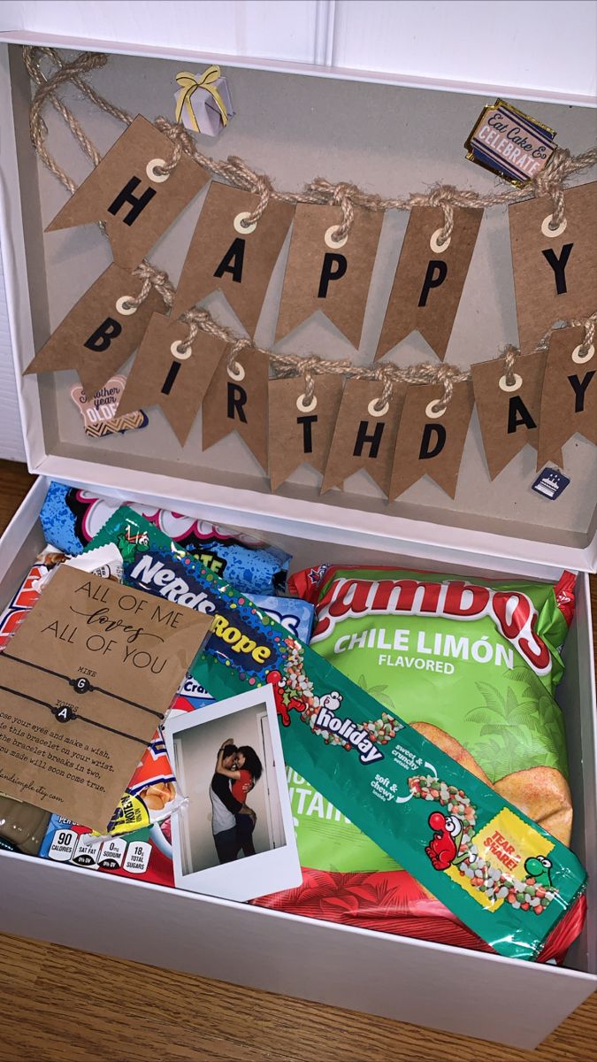 Birthday, boyfriend gift box, boyfriend birthday gift, snack box, couple gift idea, boyfriend birthday gift idea, cute couple birthday gift, cute couples, green bag of chips, polaroid pic, nerds rope, green candy, white box, happy birthday sign Birthday Box For Girlfriend, Thing To Get Your Bf For His Birthday, Gifts To Make For Boyfriend Birthday, Activities For Boyfriend Birthday, Diy Boyfriend Birthday Gift, Boyfriends 20th Birthday Gift Ideas, Sentimental Birthday Ideas, Easy Birthday Gifts For Boyfriend, Bday Box For Boyfriend